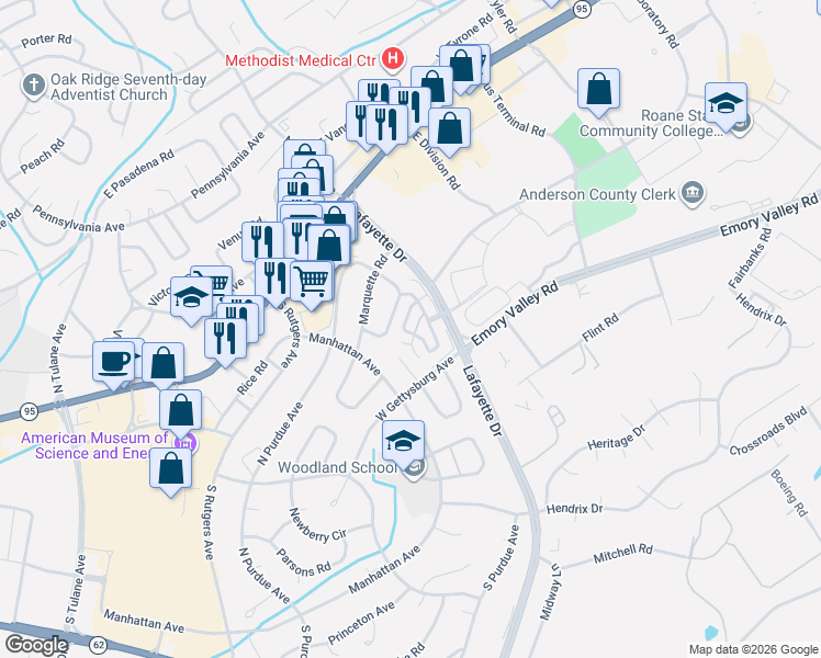 map of restaurants, bars, coffee shops, grocery stores, and more near Liberty Court in Oak Ridge