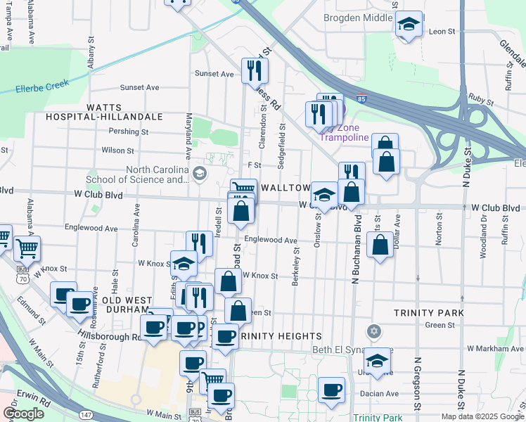 map of restaurants, bars, coffee shops, grocery stores, and more near 1118 Clarendon Street in Durham