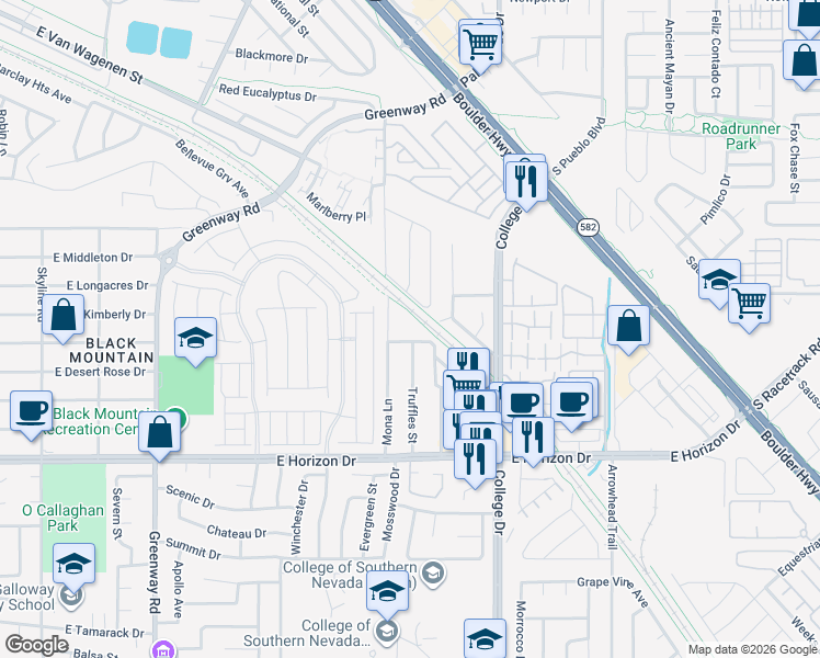 map of restaurants, bars, coffee shops, grocery stores, and more near 533 Old Highlands Street in Henderson