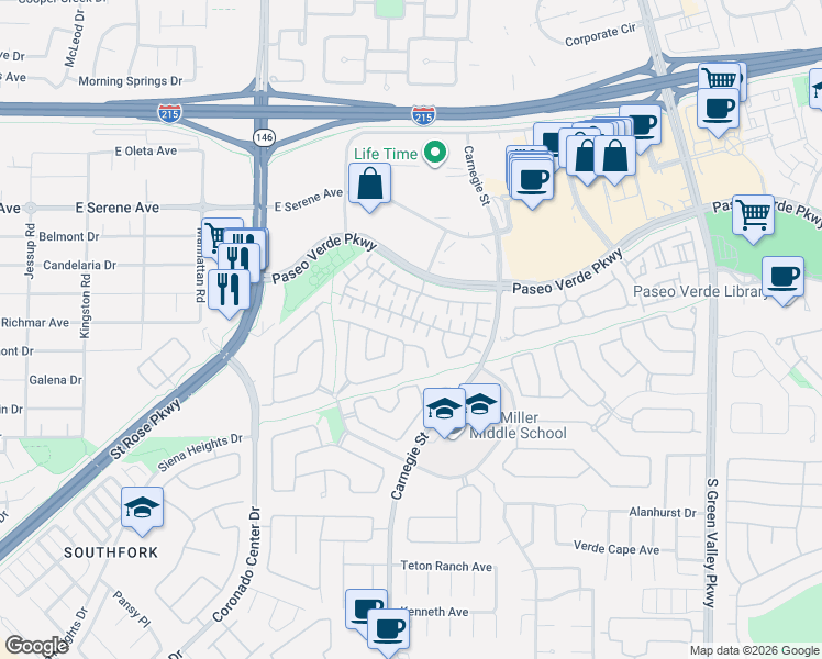 map of restaurants, bars, coffee shops, grocery stores, and more near 2516 Stonequist Avenue in Henderson