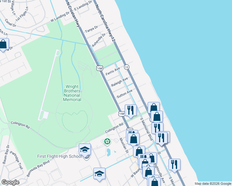 map of restaurants, bars, coffee shops, grocery stores, and more near 106-108 Sutton Avenue in Kill Devil Hills