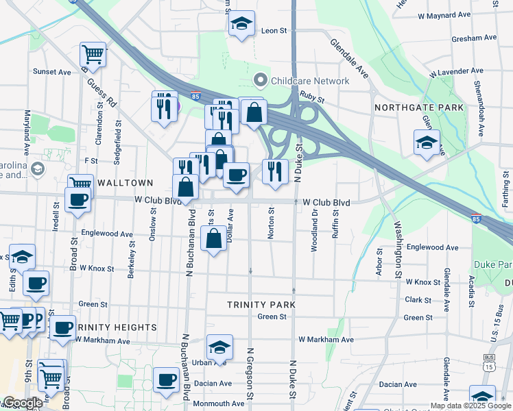 map of restaurants, bars, coffee shops, grocery stores, and more near 929 West Club Boulevard in Durham