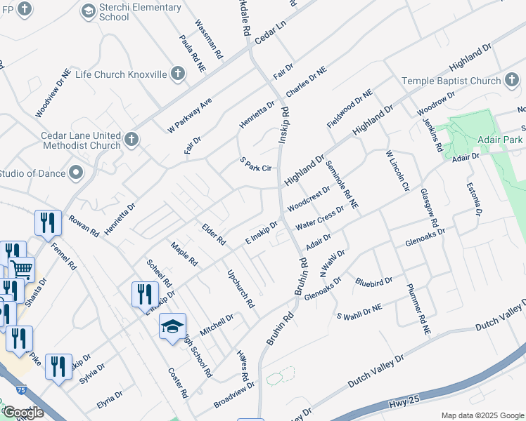 map of restaurants, bars, coffee shops, grocery stores, and more near 917 East Inskip Drive in Knoxville