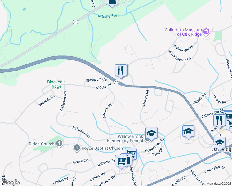 map of restaurants, bars, coffee shops, grocery stores, and more near 173 Johnson Road in Oak Ridge
