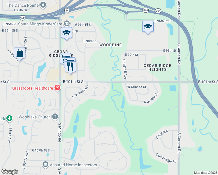 map of restaurants, bars, coffee shops, grocery stores, and more near 5610 West Orlando Circle in Broken Arrow