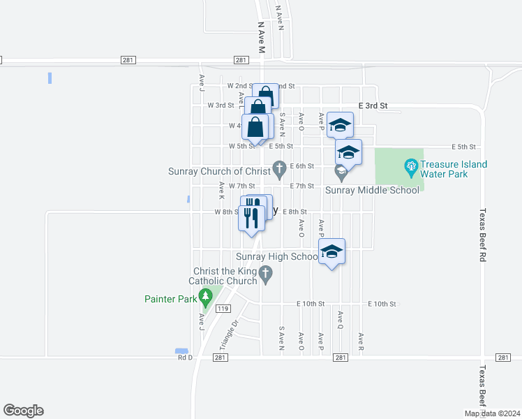 map of restaurants, bars, coffee shops, grocery stores, and more near in Sunray