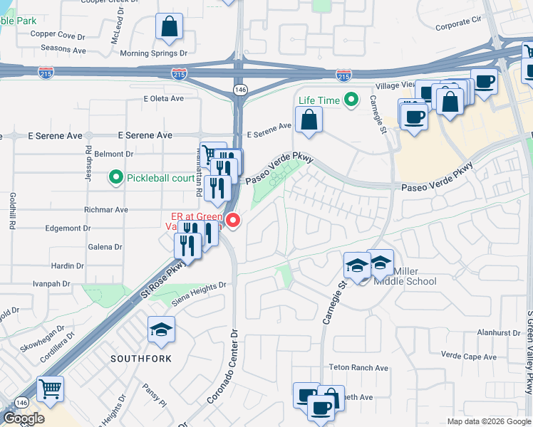 map of restaurants, bars, coffee shops, grocery stores, and more near 268 Fair Play Street in Henderson