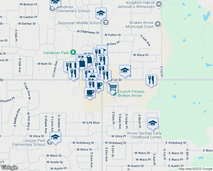map of restaurants, bars, coffee shops, grocery stores, and more near 3621 South Elm Place in Broken Arrow