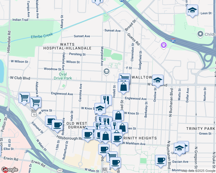 map of restaurants, bars, coffee shops, grocery stores, and more near 1116 9th Street in Durham