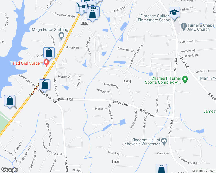 map of restaurants, bars, coffee shops, grocery stores, and more near 3513 Wynnfield Drive in High Point