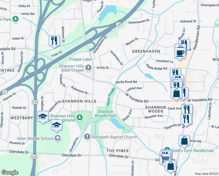 map of restaurants, bars, coffee shops, grocery stores, and more near 3 Limerick Court in Greensboro