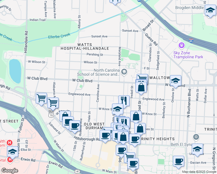 map of restaurants, bars, coffee shops, grocery stores, and more near 2019 W Club Blvd in Durham
