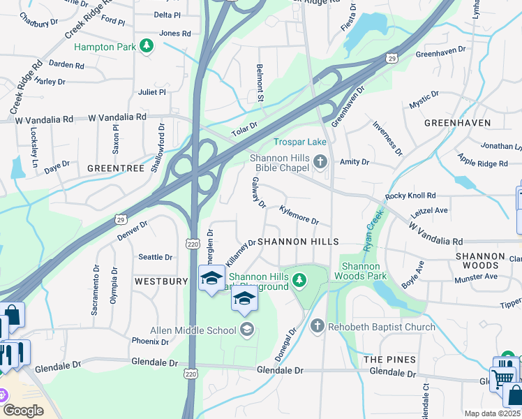 map of restaurants, bars, coffee shops, grocery stores, and more near 4000 Galway Drive in Greensboro