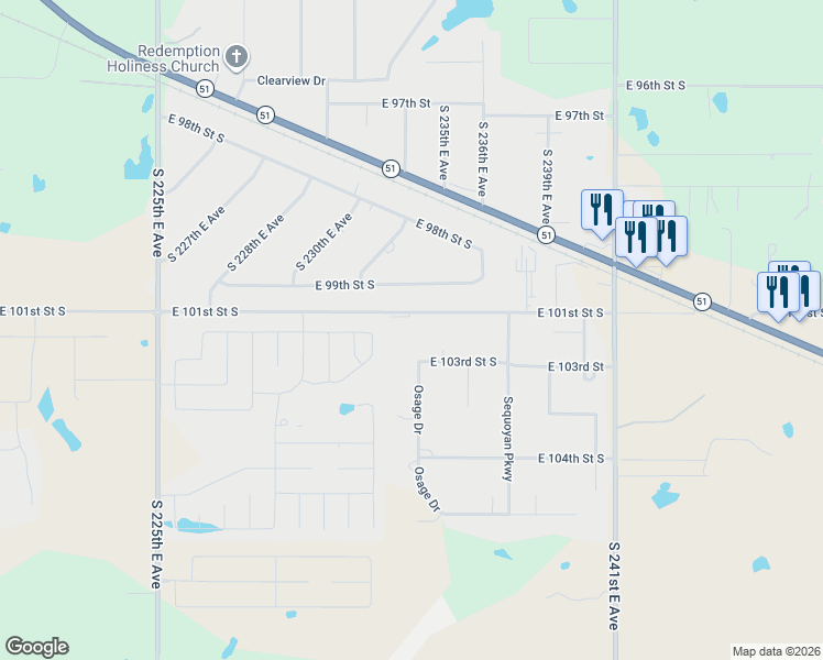 map of restaurants, bars, coffee shops, grocery stores, and more near 23300 East 101st Street in Broken Arrow