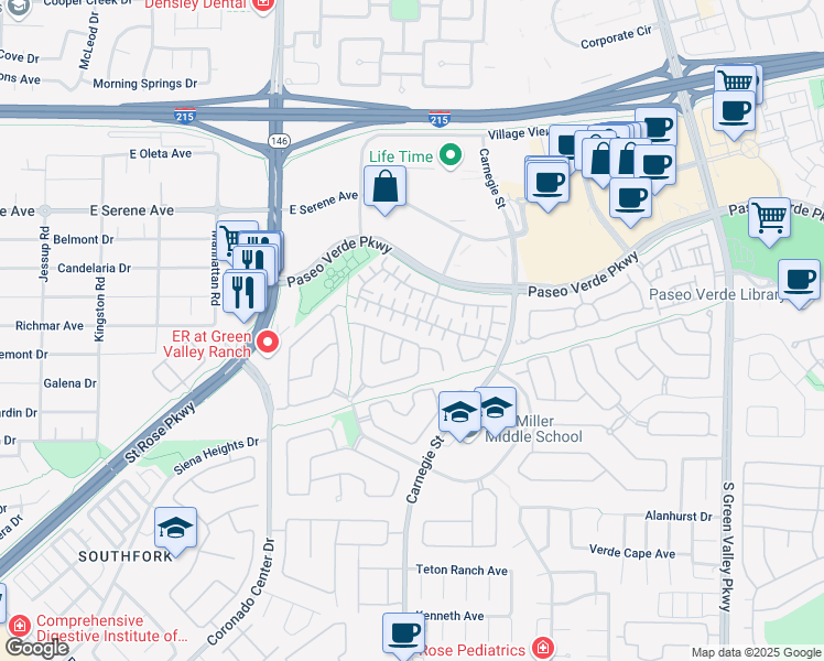 map of restaurants, bars, coffee shops, grocery stores, and more near 2516 Stonequist Avenue in Henderson