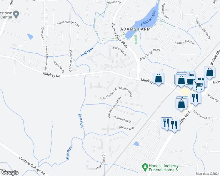 map of restaurants, bars, coffee shops, grocery stores, and more near 4 Hickory Knoll Court in Greensboro