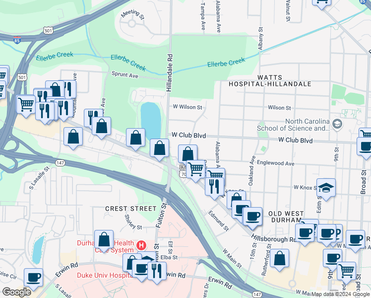 map of restaurants, bars, coffee shops, grocery stores, and more near 1107 Georgia Avenue in Durham
