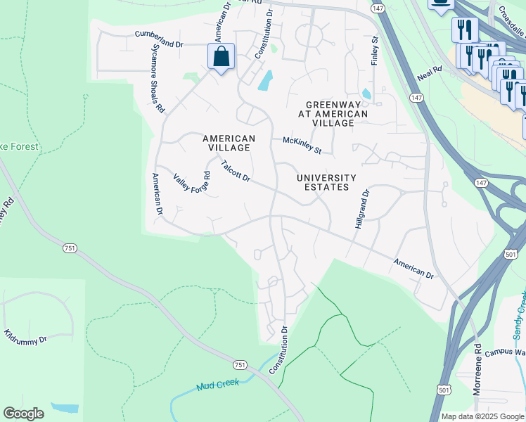 map of restaurants, bars, coffee shops, grocery stores, and more near 4200 American Drive in Durham