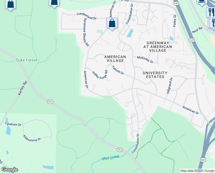 map of restaurants, bars, coffee shops, grocery stores, and more near 2a Carson Circle in Durham