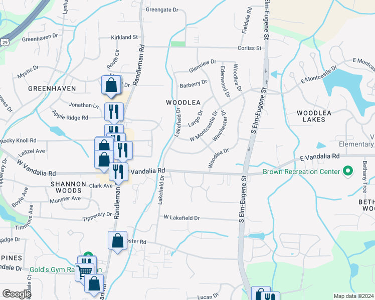map of restaurants, bars, coffee shops, grocery stores, and more near 3410 Winchester Drive in Greensboro