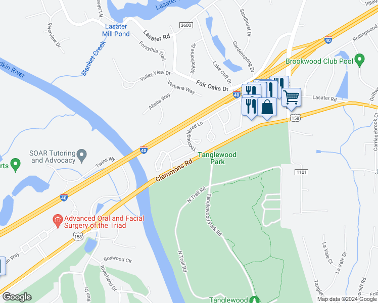 map of restaurants, bars, coffee shops, grocery stores, and more near 7509 Riverside Court in Clemmons
