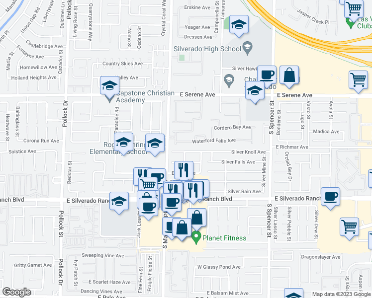 map of restaurants, bars, coffee shops, grocery stores, and more near 1271 Silver Knoll Avenue in Las Vegas