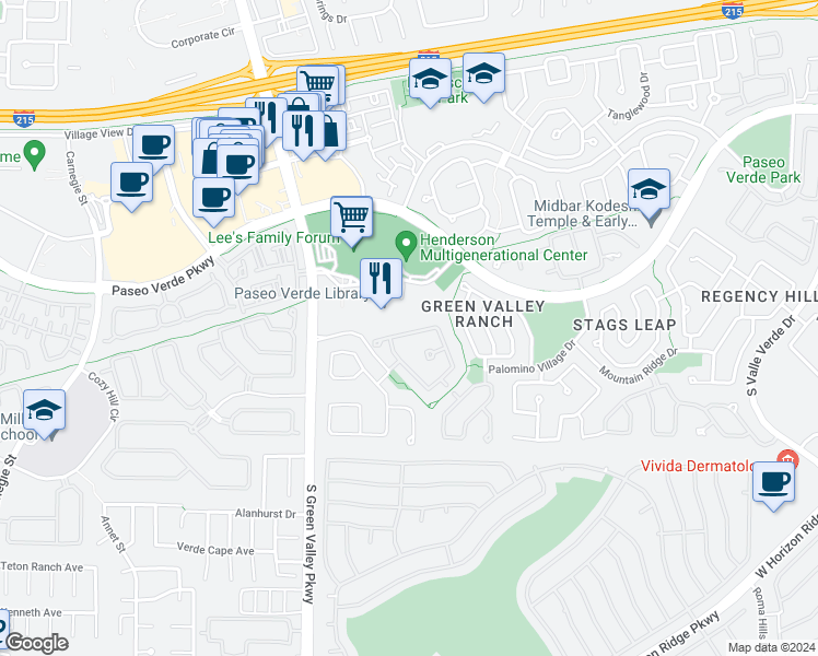 map of restaurants, bars, coffee shops, grocery stores, and more near 2140 Mooreview Street in Henderson