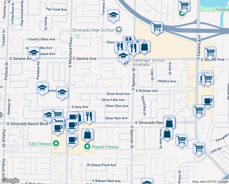 map of restaurants, bars, coffee shops, grocery stores, and more near 1620 Silver Knoll Avenue in Las Vegas