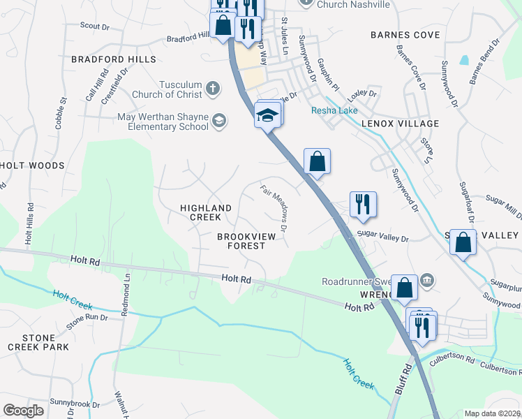 map of restaurants, bars, coffee shops, grocery stores, and more near 3604 Fairmeadows Court in Nashville