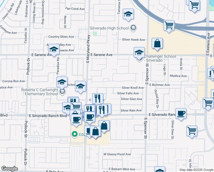 map of restaurants, bars, coffee shops, grocery stores, and more near 1378 Silver Knoll Avenue in Las Vegas
