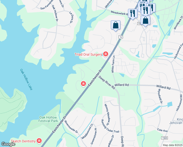 map of restaurants, bars, coffee shops, grocery stores, and more near 2207 Lake Forest Drive in High Point