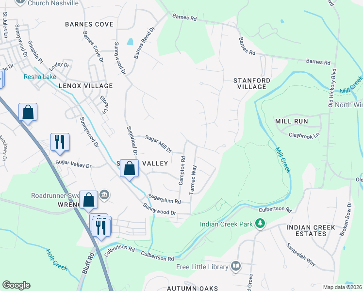 map of restaurants, bars, coffee shops, grocery stores, and more near 7409 Campton Road in Nashville