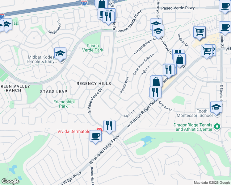 map of restaurants, bars, coffee shops, grocery stores, and more near 1781 Lakewood Drive in Henderson