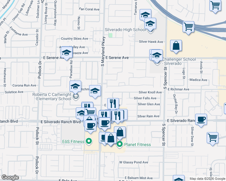 map of restaurants, bars, coffee shops, grocery stores, and more near 1271 Silver Knoll Avenue in Las Vegas