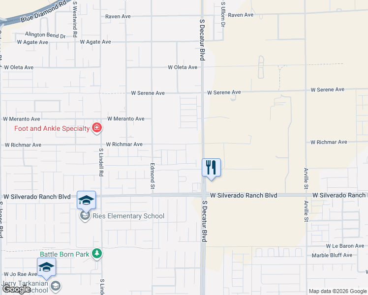 map of restaurants, bars, coffee shops, grocery stores, and more near 9575 South Decatur Boulevard in Las Vegas