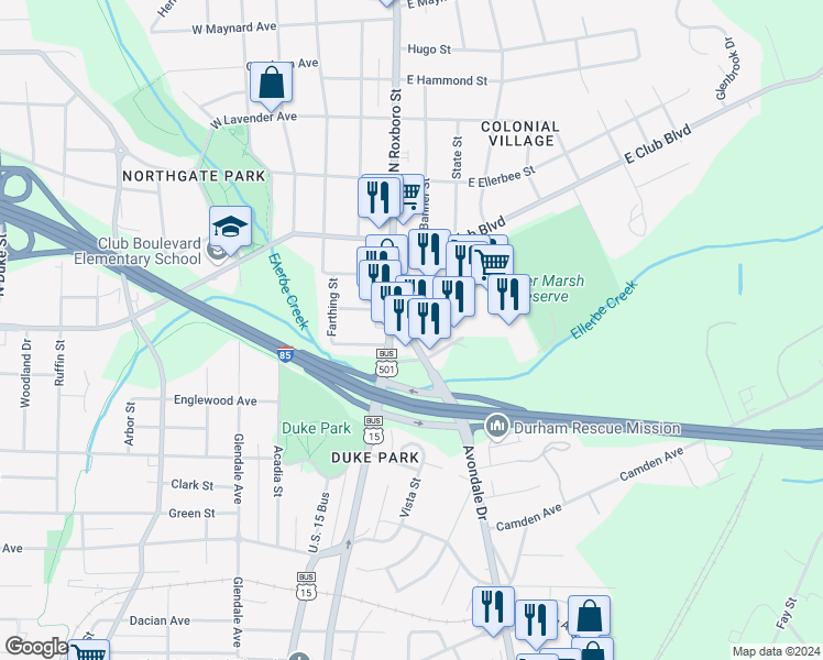 map of restaurants, bars, coffee shops, grocery stores, and more near 2010 North Roxboro Street in Durham