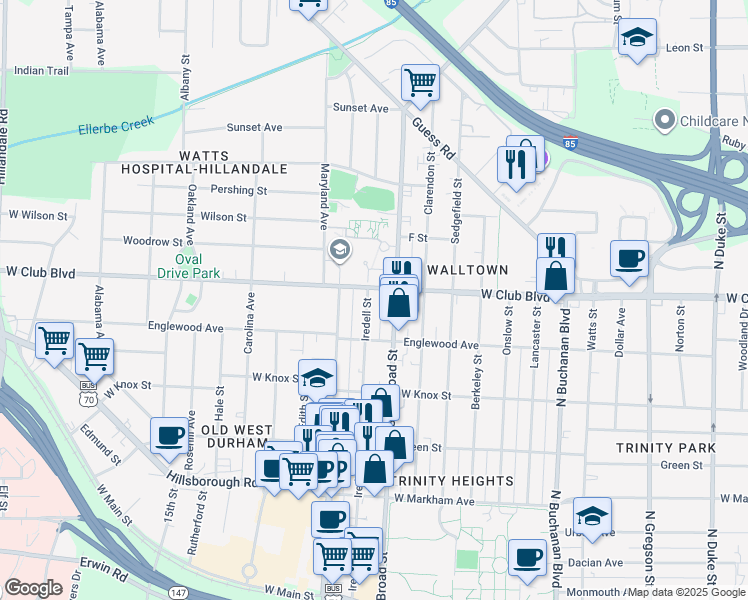 map of restaurants, bars, coffee shops, grocery stores, and more near 1117 Broad Street in Durham