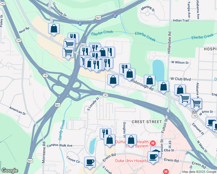 map of restaurants, bars, coffee shops, grocery stores, and more near 105 South Lasalle Street in Durham
