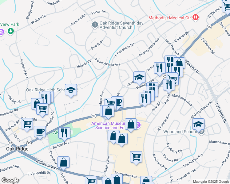map of restaurants, bars, coffee shops, grocery stores, and more near 124 Viking Road in Oak Ridge