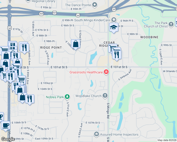 map of restaurants, bars, coffee shops, grocery stores, and more near 10115 South 94th East Avenue in Tulsa