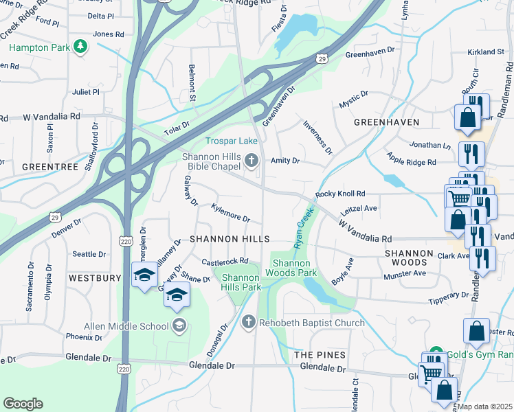 map of restaurants, bars, coffee shops, grocery stores, and more near 3910 Rehobeth Church Road in Greensboro