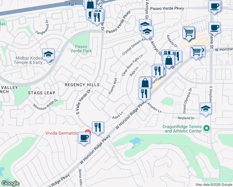 map of restaurants, bars, coffee shops, grocery stores, and more near 275 Clear Rapid Court in Henderson