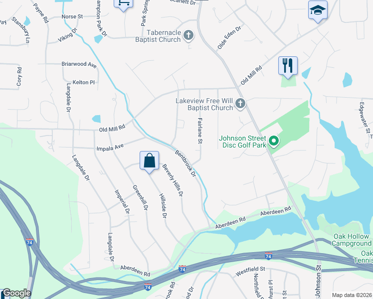 map of restaurants, bars, coffee shops, grocery stores, and more near 3699 Bentbrook Drive in High Point