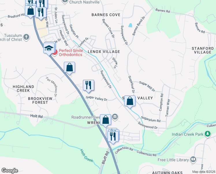 map of restaurants, bars, coffee shops, grocery stores, and more near 6917 Sunnywood Drive in Nashville