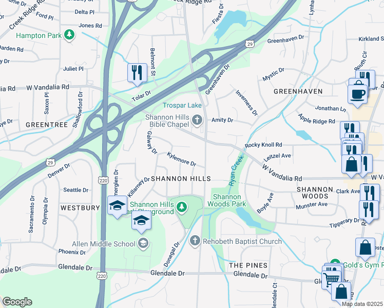 map of restaurants, bars, coffee shops, grocery stores, and more near in Greensboro