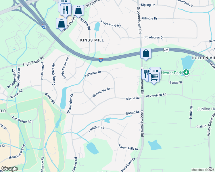 map of restaurants, bars, coffee shops, grocery stores, and more near 3804 Buncombe Drive in Greensboro