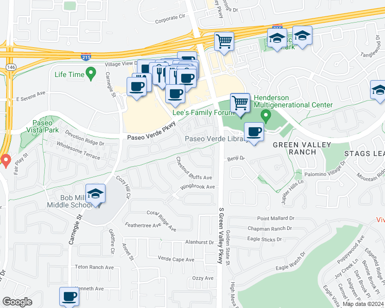 map of restaurants, bars, coffee shops, grocery stores, and more near 2290 Surrey Meadows Avenue in Henderson