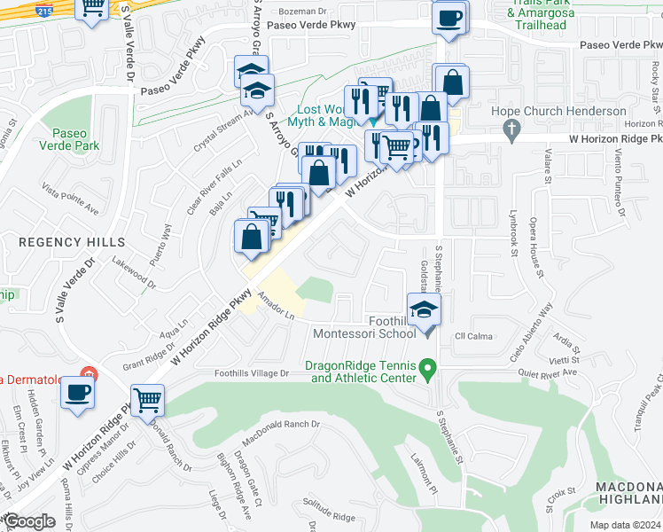 map of restaurants, bars, coffee shops, grocery stores, and more near 220 Horizon Peak Drive in Henderson