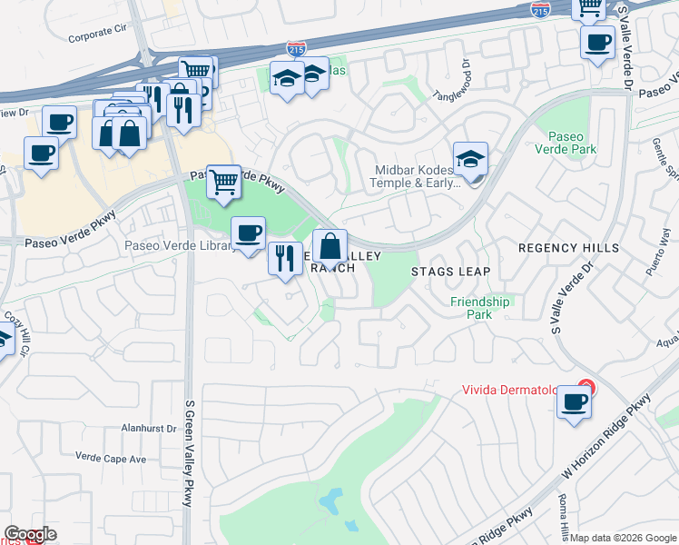 map of restaurants, bars, coffee shops, grocery stores, and more near 286 Manzanita Ranch Lane in Henderson