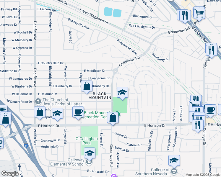 map of restaurants, bars, coffee shops, grocery stores, and more near 391 East Kimberly Drive in Henderson